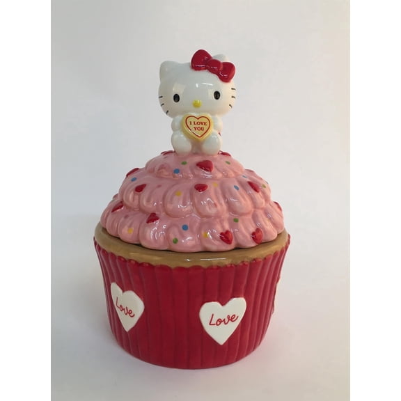 Blue Sky Clayworks Hello Kitty Cupcake Valentine Candy Jar, 8-inch Height, Holiday Decoration