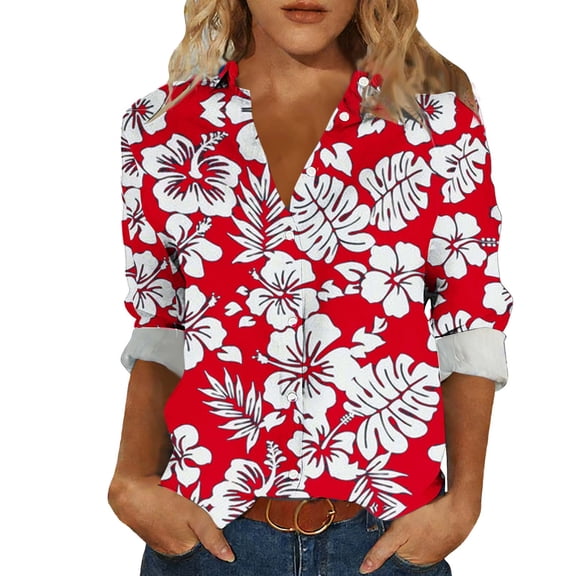 successthop Womens Button Down Shirts Long Sleeve Hawaii Linen Plus Size Collar Shirts Roll Up Tops Print Clothes Red M