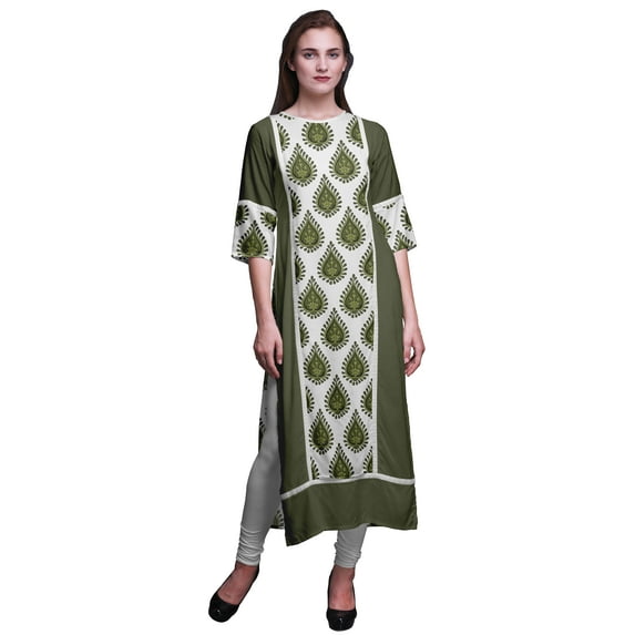 Bimba Olive Green Block Floral printed straight kurtis for women panel kurta summer tunic X-Small
