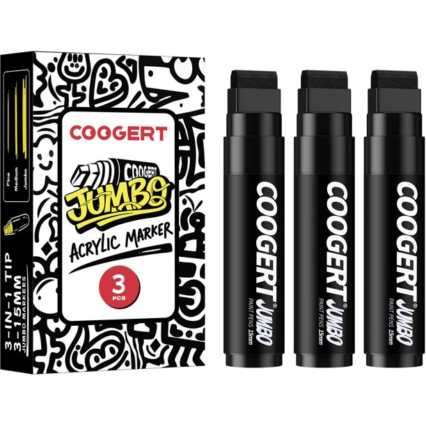 Marcadores Coogert Jumbo negros de acrílico de 15 mm, 3 piezas