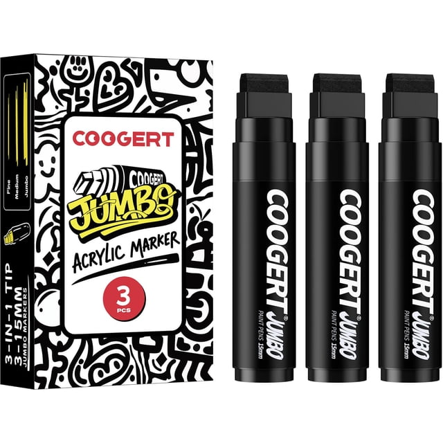 Marcadores Coogert Jumbo negros de acrílico de 15 mm, 3 piezas