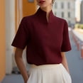 thumbnail image 4 of LEKODE Women Minimalist Notched Stand Collar Short Sleeve Blouse, Solid Color Soft Dressy Casual Everyday Shirts Dressy Top Gauze Shirts for Women Wine L, 4 of 6