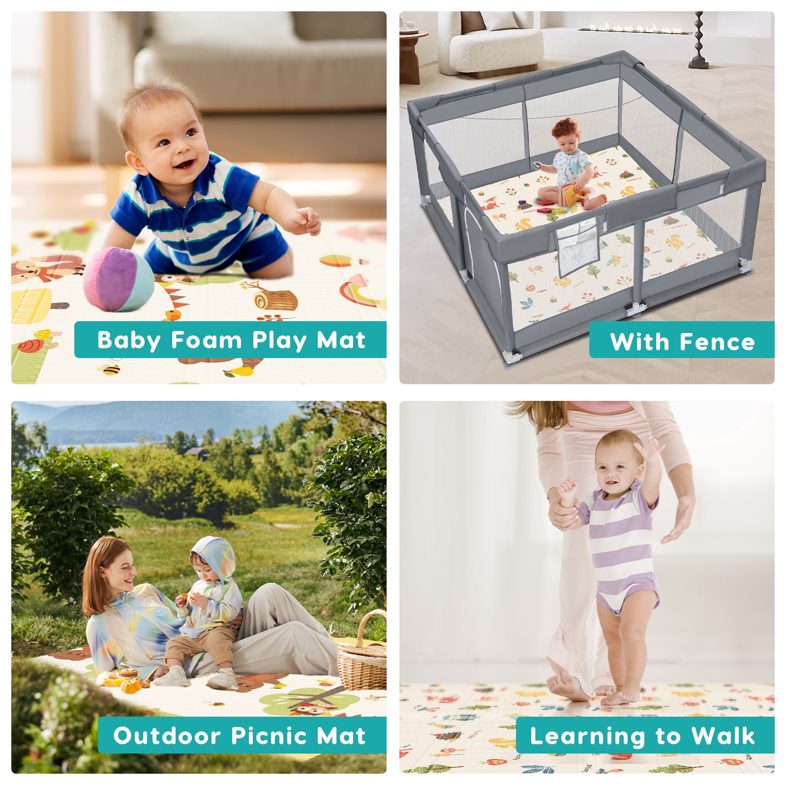 Foldable Baby Play Mat, Safe Foam 47x47 in Waterproof Cute Playmat for Babies and Toddlers Indoor and Outdoor
