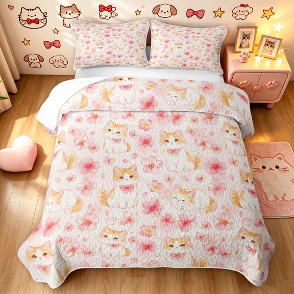 Manfei Kawaii Pet Twin Quilt Set, Spring Cherry Blossoms Twin Coverlet Set, Pink, 2pcs, 1 Bedspread and 1 Pillowcase