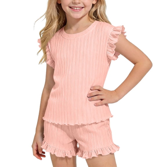 Fnooota Girls Outfit Sets 2 Piece, Fashion Summer Flutter Sleeve Casual Kids' Clothing Sets Pink Size 6