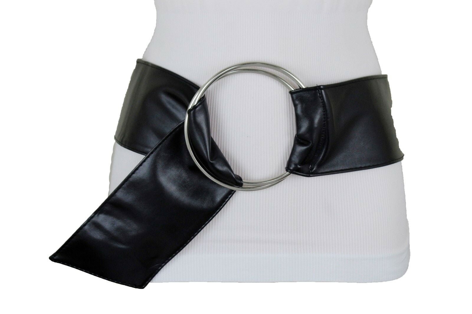 Women Black Fabric Fashion Belt Big Silver Metal Ring Charm Buckle Size S M L 