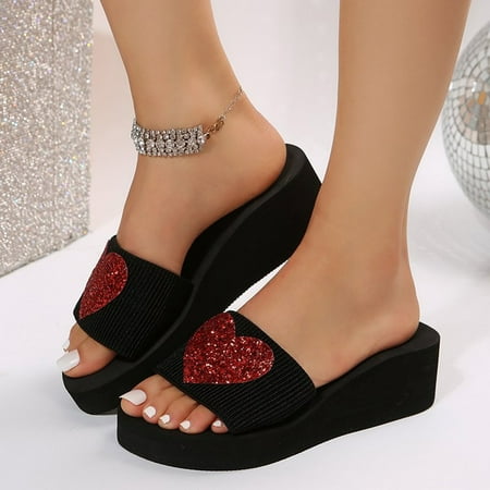 

Krdevn Ladies Fashion Summer Flashing Heart Decoration Open Toe Slope Heel Slippers -Red 41