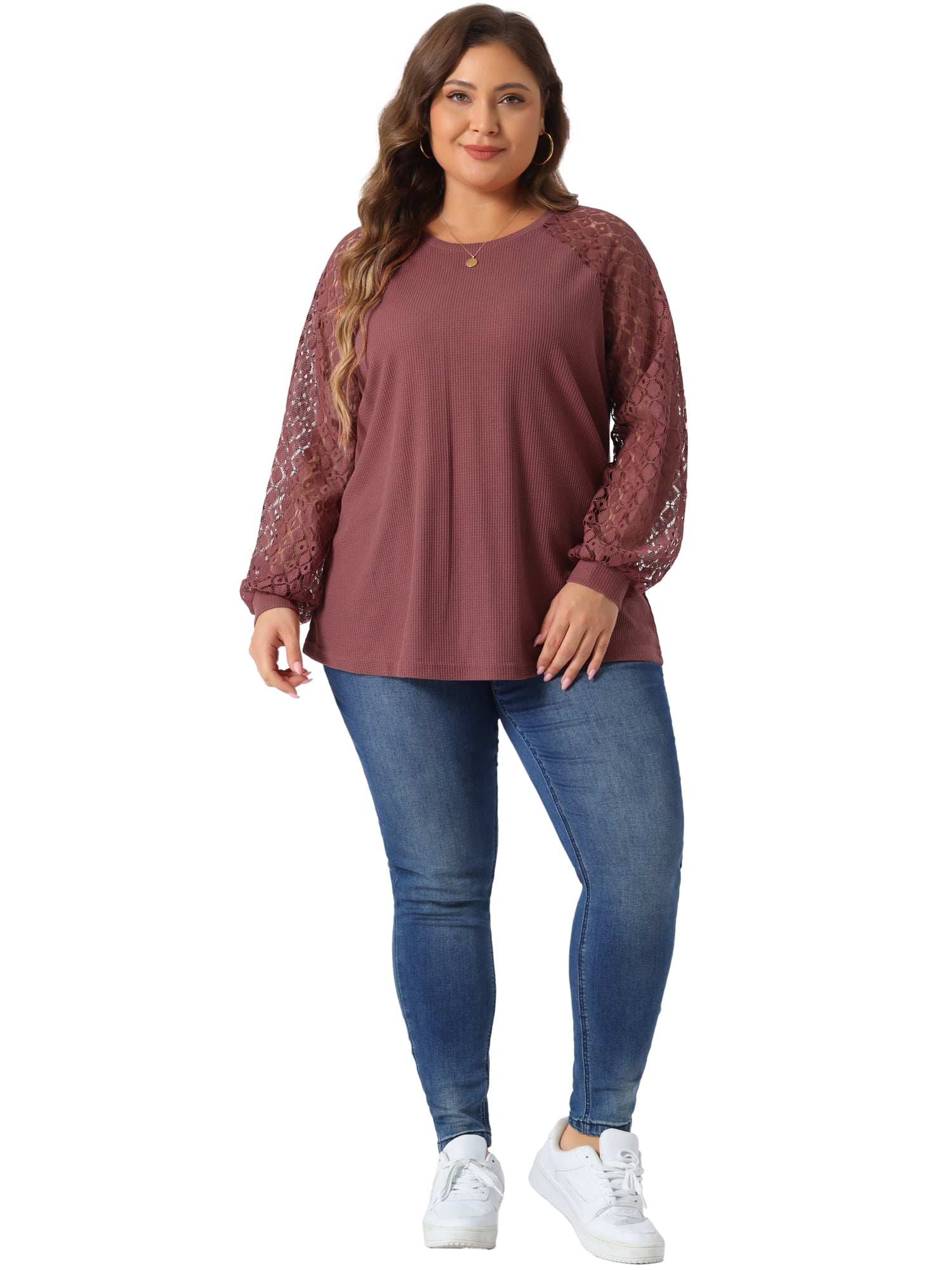 DARING DIVA Women's Plus Lace Crew Neck Long Sleeve Casual Blouse 4X Purple Red
