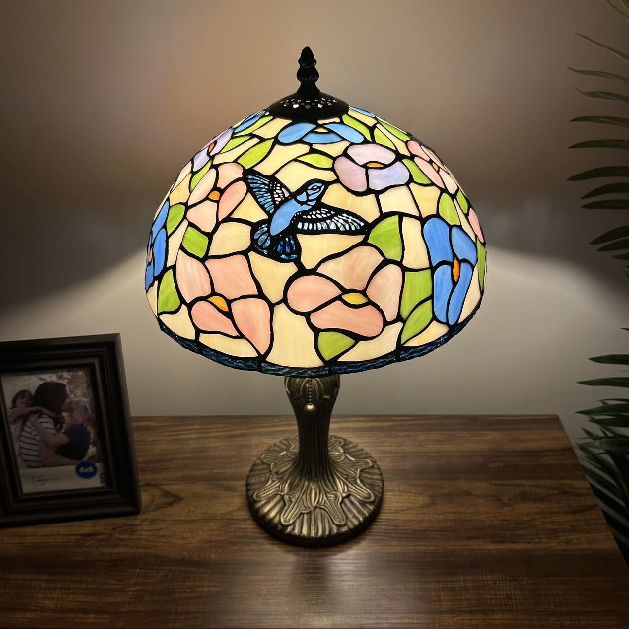 Pink Blue Stained Glass Table Lamp Hummingbird Flowers for Living Room Bedroom Bedside 12"W*12"D*19"H