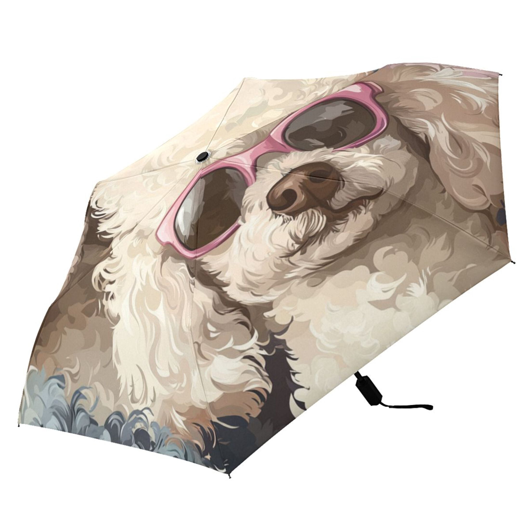 Cute Poodles with Sunglasses All Weather Umbrella Triple Folding Parasol 6 Ribs UV Protection Portable