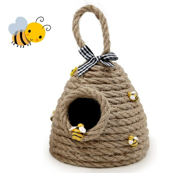Qenwkxz Beehive Decor Jute Hanging Bee Tiered Tray Decor Cute Handmade Honeycomb Decoration Bee Themed Party Ornament for Farmhouse Country Kitchen Bookshelf Garden