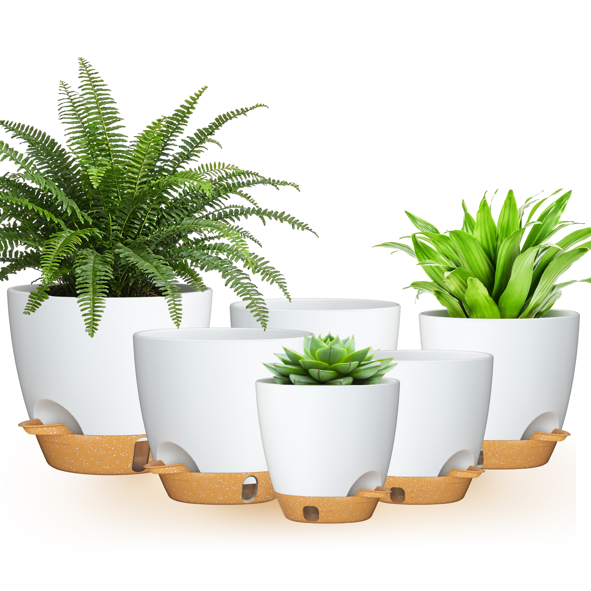 FIASON 6 Pack Self-Watering Plant Pots, White with Brown 5/5.5/6/6.5/7/8 Inch Planters with Watering Lip, Drainage Holes & Saucer for Indoor Outdoor Garden Plants