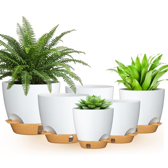 FIASON 6 Pack Self-Watering Plant Pots, White with Brown 5/5.5/6/6.5/7/8 Inch Planters with Watering Lip, Drainage Holes & Saucer for Indoor Outdoor Garden Plants