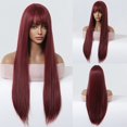 thumbnail image 2 of Pelucas largas de color rojo vino para mujer, pelo sintético suave y liso Natural colorido con flequillo, uso diario en fiestas, fibra de alta temperatura, 2 of 4