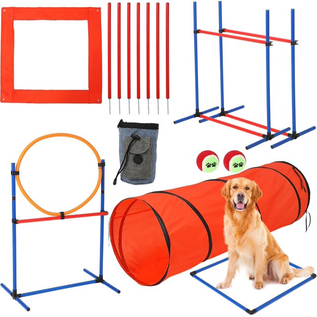 Dog Course Backyard Set, 87-Piece Dog Obstacle Course Training Starter Kit with Tunnel, Adjustable Dog Hoop,Weave Poles, Jump Ring, Pause Box, Toy Balls and Storage Bag