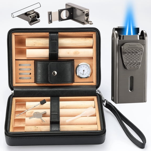 Portable Leather Cedar Wood Cigar Case with Double Jet Flame Lighter