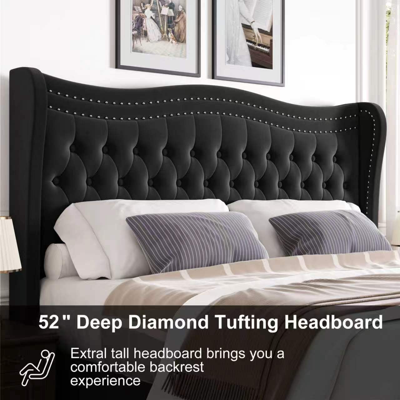 Gewnee Full Size Upholstered Bed Frame with Wingback Headboard,Velvet Diamond Tufting Headboard and Double Nail Design Tufted Bed Frame,No Box Spring Needed.Black