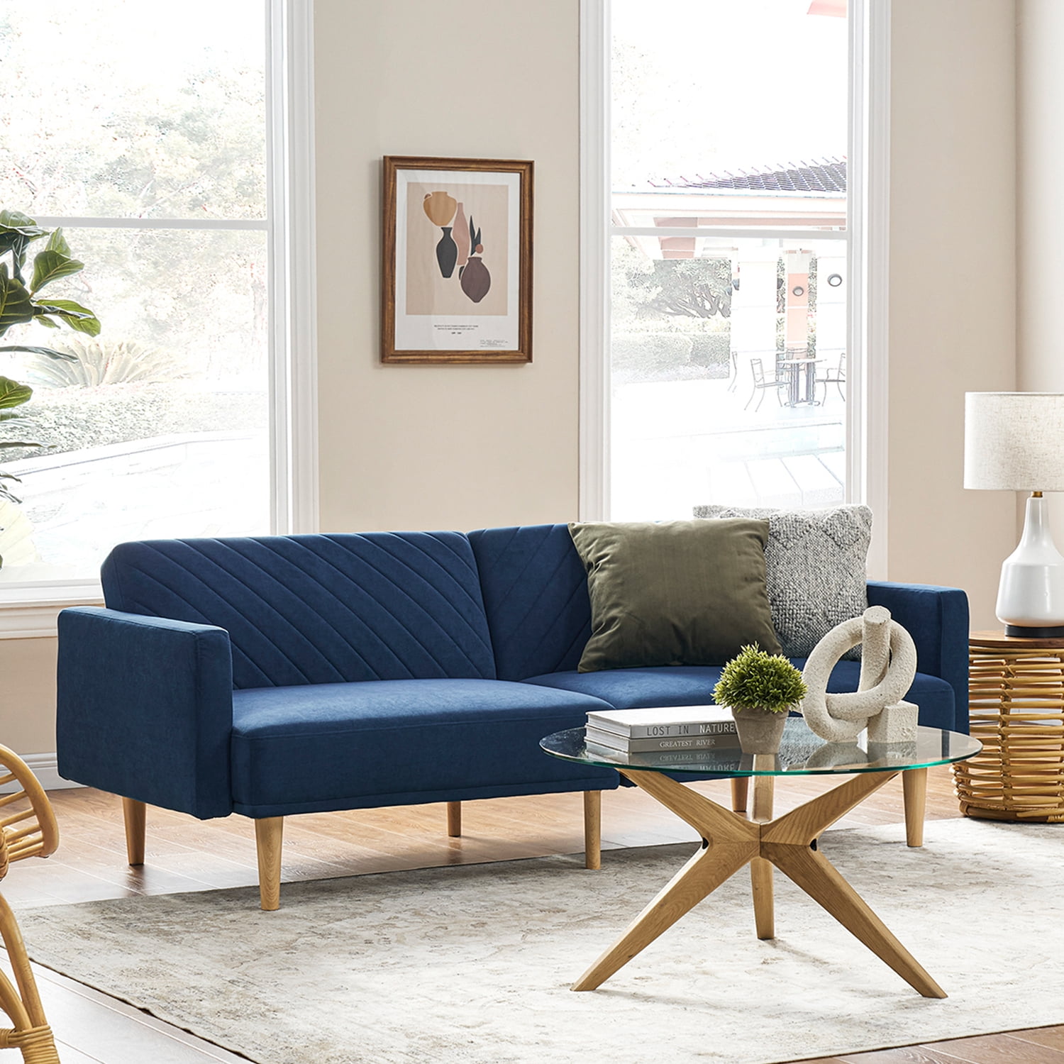 Mopio Chloe Futon Sofa Bed Convertible Sleeper Sofa with Tapered Legs Classic Blue