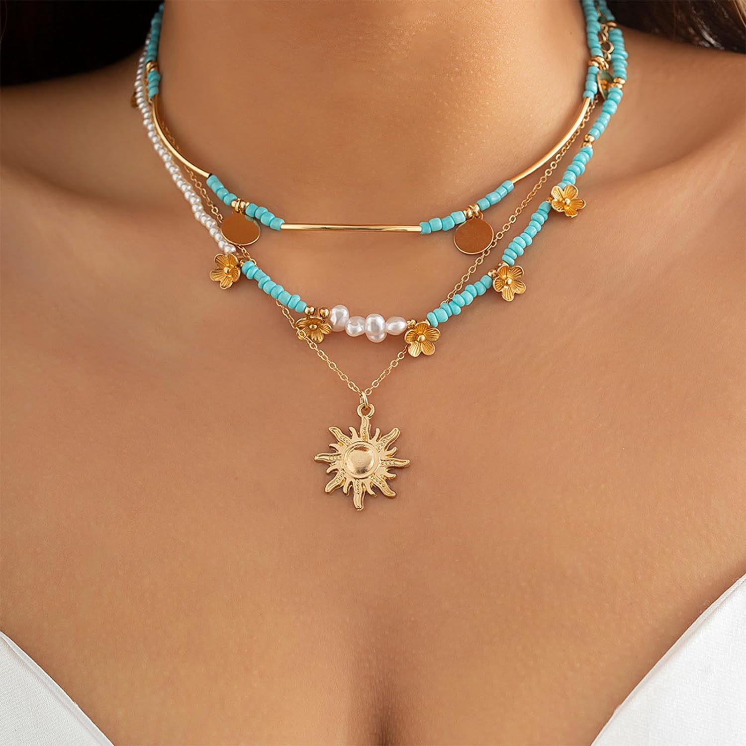Boho Feather & Shell Necklace with Pink Starfish Charm Shell & Starfish Design Pendants Necklace, Beach Jewelry  main image 2