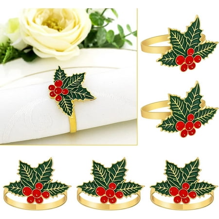 

Holiday Napkin Rings Holder Set of 12 for Christmas Winter Wedding Family Gathering Dinning Table Parties Red & Green Leaves & Berries