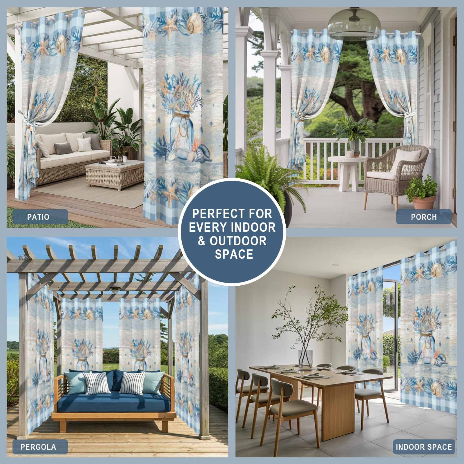 Blue Coastal Outdoor Curtains for Patio, Summer Beach Coral Starfish Vintage Plaid Ocean Sunshade Privacy Drapes Grommet Waterproof Outside Curtains for Porch/Cabana/Balcony 54"x 108", 1 Panel