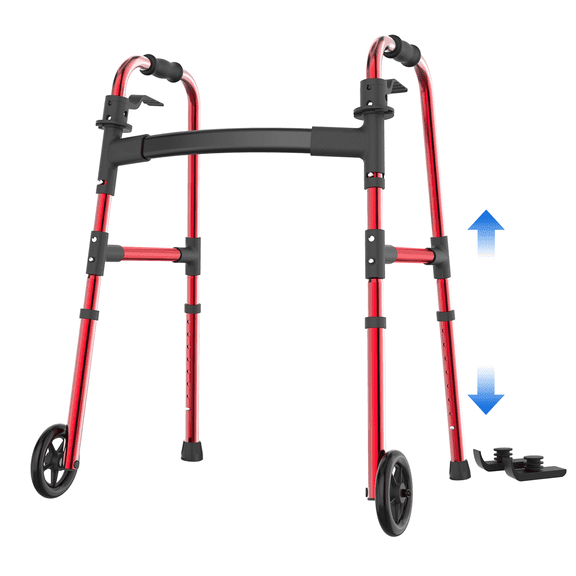 Loyoda Lightweight Folding Walker for Seniors, Walkers with Wheels and Skis Glides for Elderly, Red, Support up to 350lbs