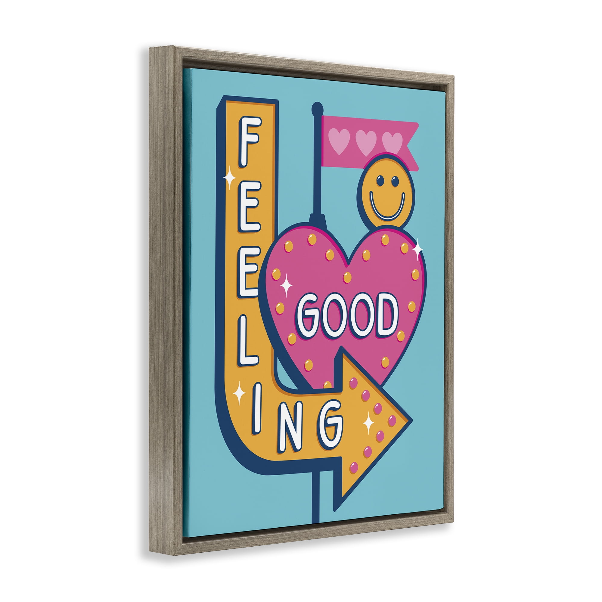 Stupell Industries Feeling Good Retro Sign Text & Numbers Painting Brown Floater Framed Canvas Art Print Wall Art, 25 x 31