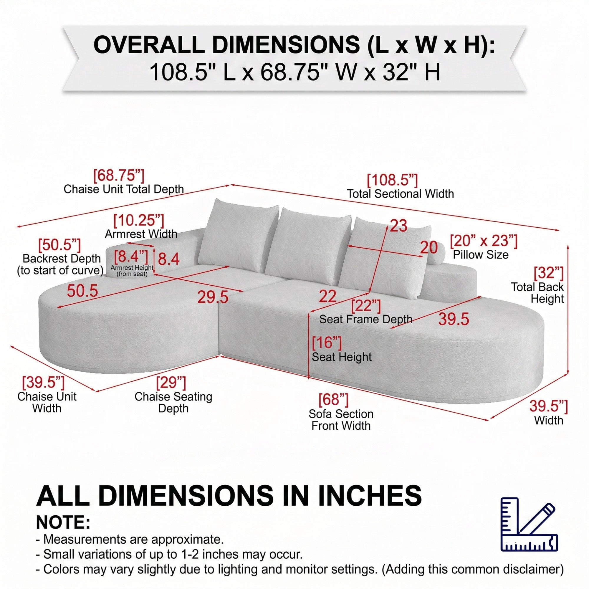 Sailvan 108.5" Modern Curved Chenille Sectional Sofa, Modular L-Shaped Couch with 3 Pillows Grey