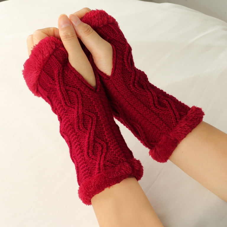 Honeeladyy Womens Gloves Suit for Running, Women Winter Wrist Arm Warmer Solid Knitted Short Fingerless Gloves Mitten, Women's, Size: One size, Red