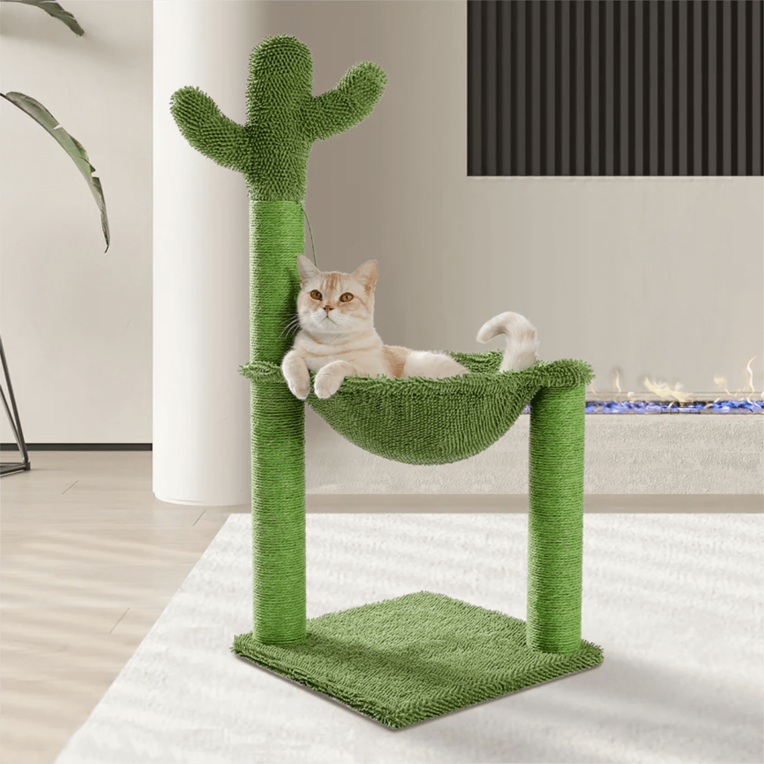 Pefilos 37 Inches Cactus Cat Tree Cat Scratching Post for Indoor Cats with Hammock Play Tower Climbing Stand for Indoor Kittens, Full Wrapped Sisal Scratcher Post for Cats, Green