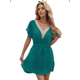thumbnail image 2 of Women'S Swimsuit Cover Up Short Sleeve Loose Beachwear Deep V-Neck Beach Dress Peacock Green XXL, 2 of 7