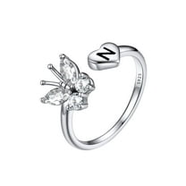 FaithHeart Sterling Silver Butterfly Initial Rings for Women Adjustable Open Stackable Heart Finger Ring Dainty Cubic Zirconia Jewelry Gift Letter N
