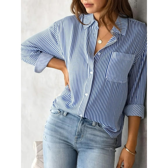 Women's Button Down Long Sleeve Shirts Striped Work Casual Tops Casual Long Sleeve Shirt Women Long Sleeve Button Down Shirt