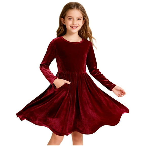 Cethrio Girls Christmas Dresses Size 10-12, Long Sleeve Dancing A-Line Princess Party Dresses Wine