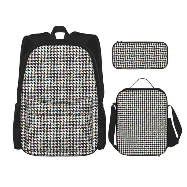 Balery Black And White Houndstooth Mochila Escolar 3 en 1 para Niños - Mochila Resistente con Lonchera Térmica y Estuche - Mochila Escolar para Niños y Niñas