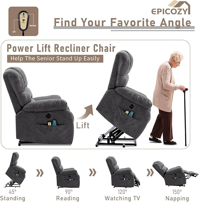 EPICOZY Large Power Lift Recliner Chair with Extended Footrest for Elderly Big Tall Man, Overstuffed Heated Massage Wide Electric Recliners with 2 Remote Controls, Side Packets & USB Ports, Grey