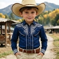 thumbnail image 2 of Kids Western Cowboy Style Long Sleeve Print Casual Button Down Shirt for Boys Daily Wear Navy 130, 2 of 4