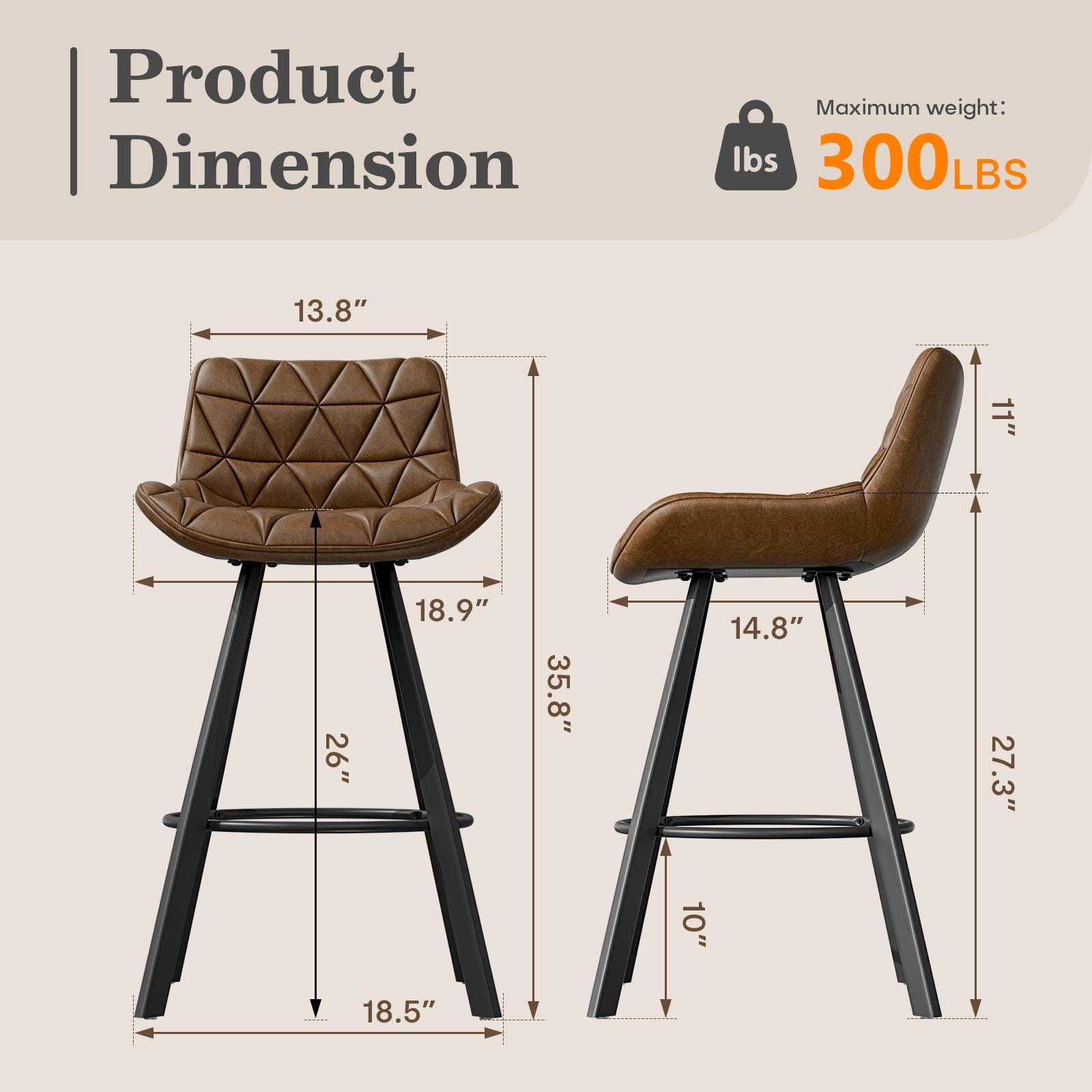 HomeZeer Bar Stools Set of 6, 26" Counter Height Bar Stools with Low Back and Footrest, PU Leather Upholstered Seat, Metal Legs Bar Chairs for Kitchen Island Dining, Brown