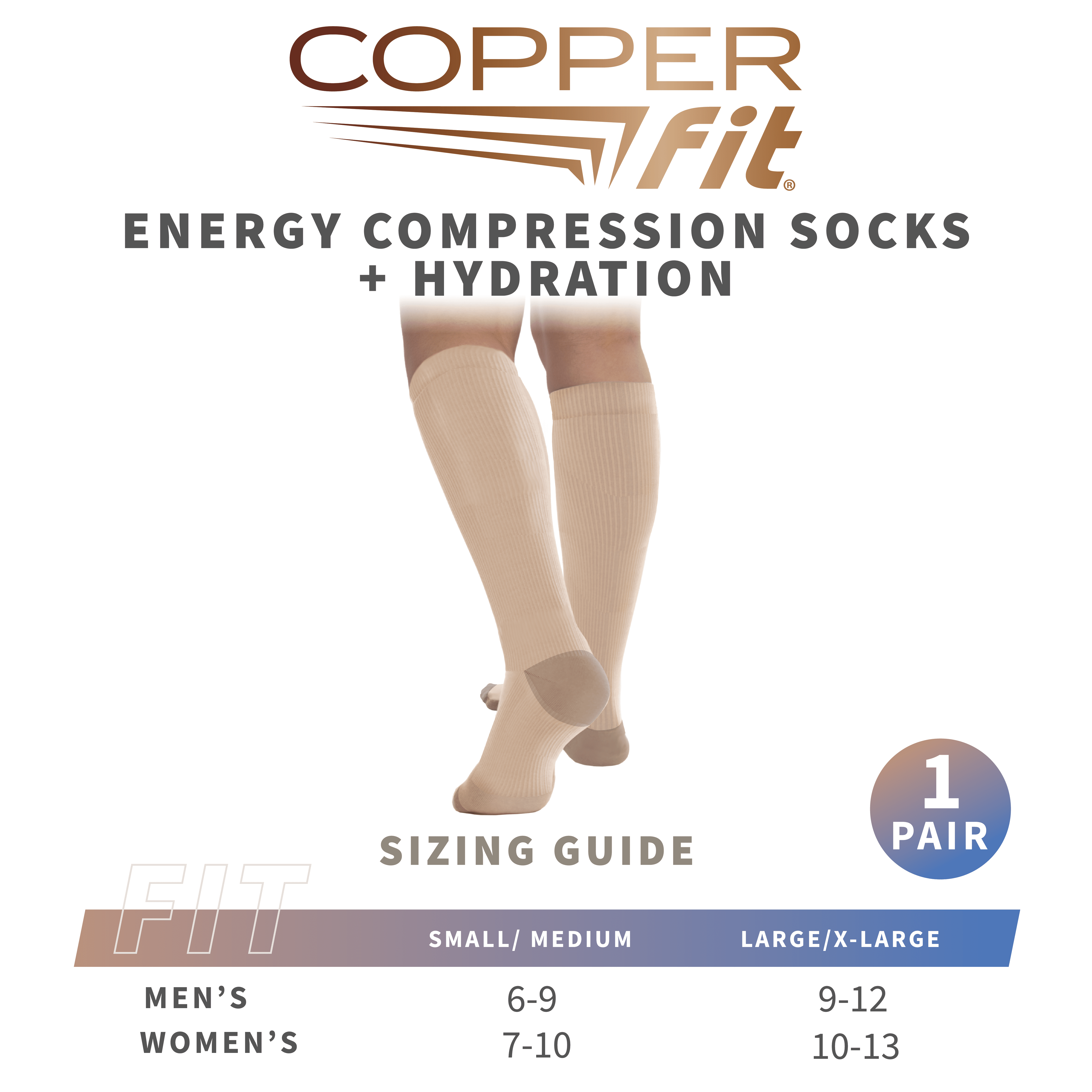Copper Fit ENERGY Compression Socks, Silky-Soft, Hydration, Unisex Sizing, Beige, S/M
