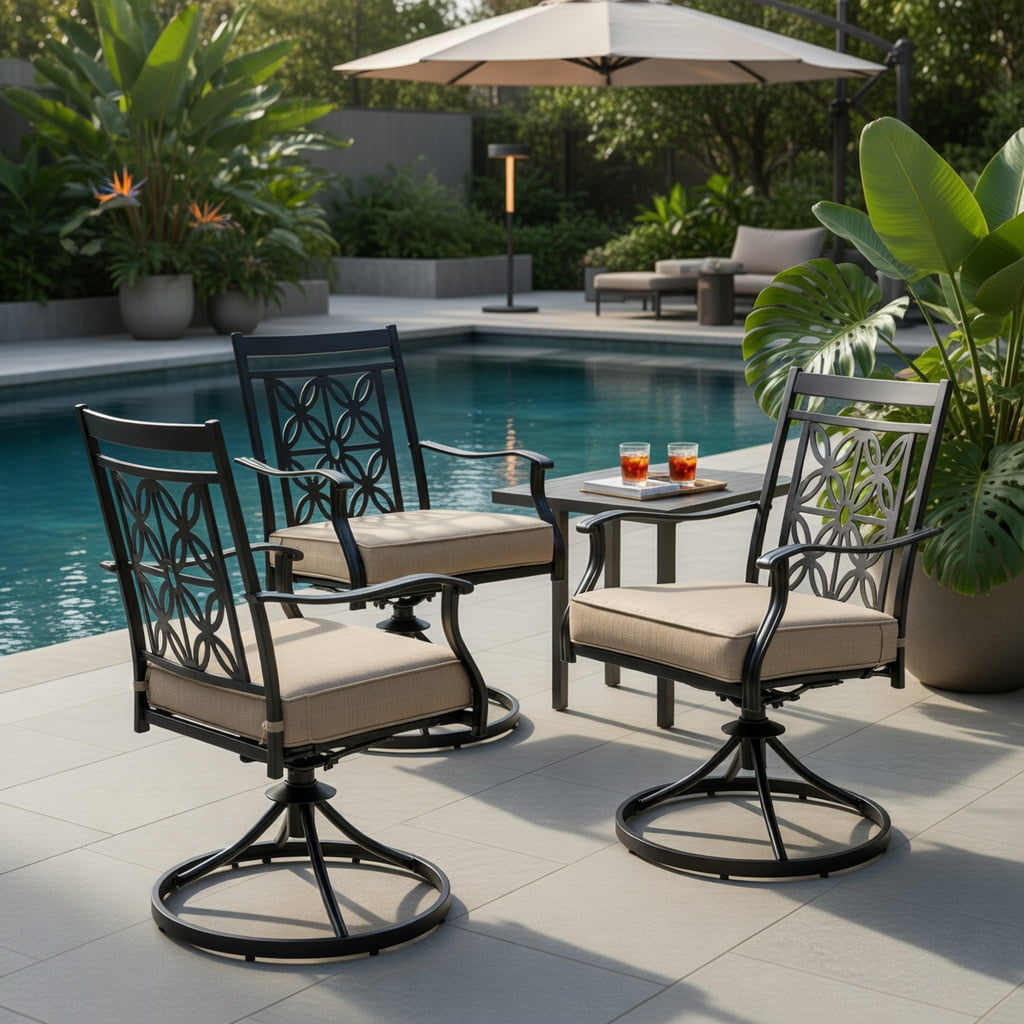 Hommoo 2-Pack Outdoor Swivel Patio Chairs with Blossom Pattern Backrest, Thick 3.5" Cushions, Heavy-Duty Metal Frame, Weather-Resistant Garden Seating, Black