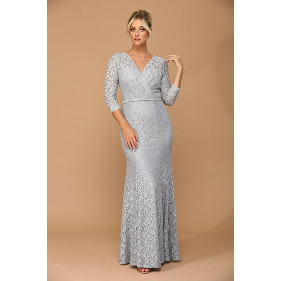 Women's Eva USA 3450 Long 3 4 Sleeve Mother Of Groom Lace Dress Silver M