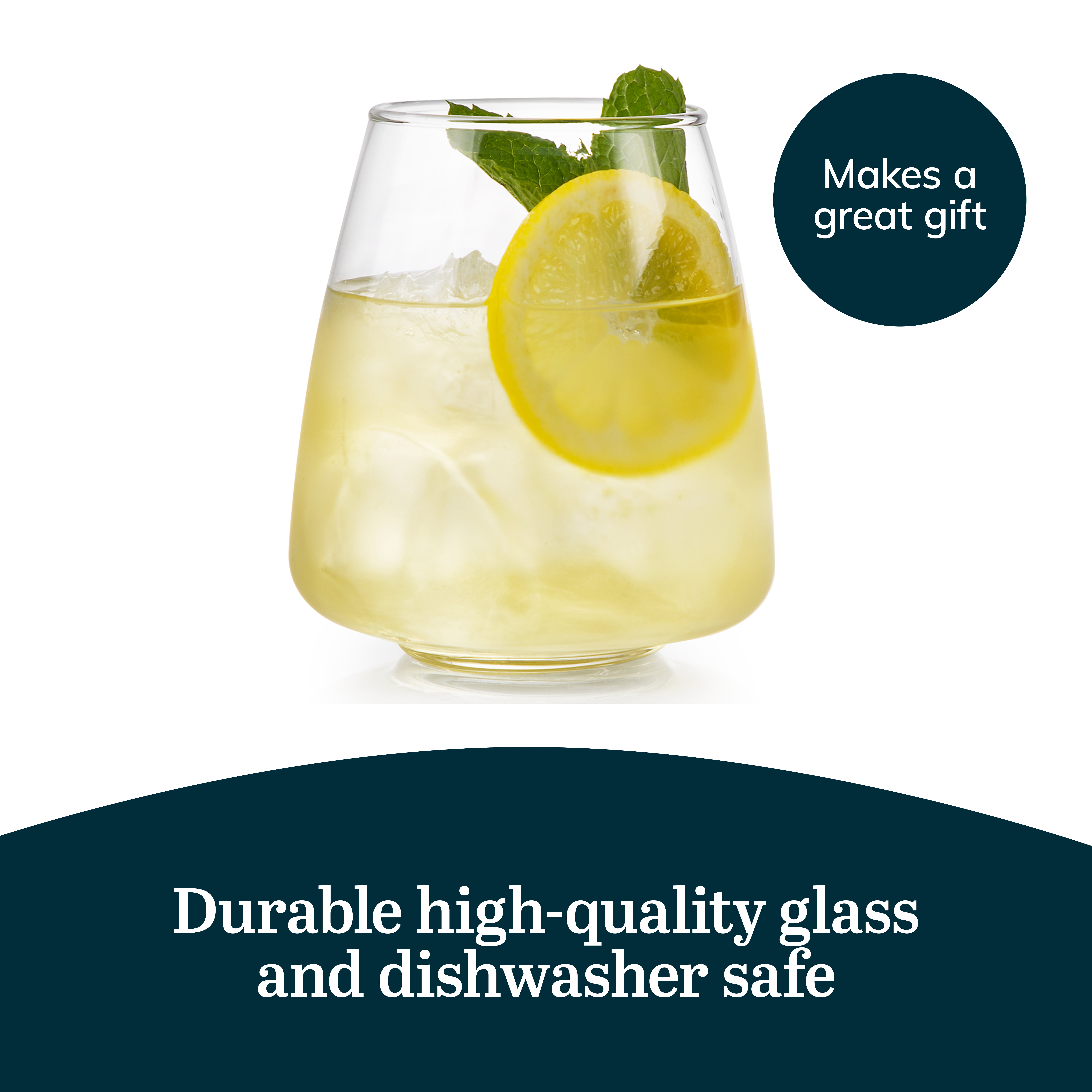 Libbey Stackable Stemless Wine Glasses Set of 6, Tapered Bulb Shaped All Purpose Wine Glass Set, Dishwasher Safe Glass Wine Glasses, Cocktail
