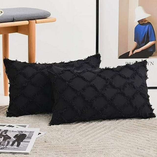 Xiao Hua Juego de 2 fundas de cojín decorativas bohemias de 30 x 50 cm, de algodón y lino con estampado jacquard de rombos para sofá cama (negro, 30 x 50 cm)