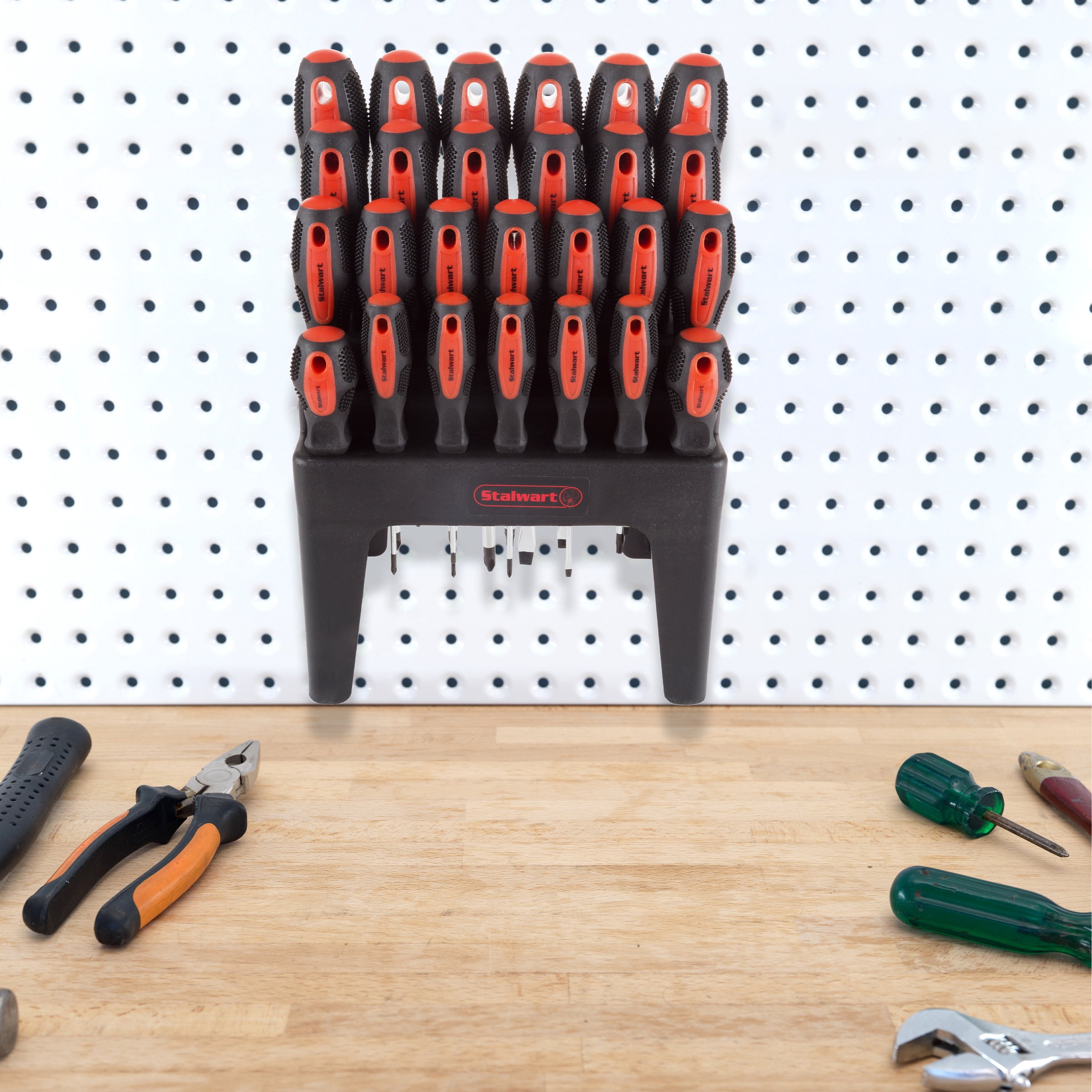 Stalwart 26-Piece Screwdriver Set with Wall Mount, Stand, Magnetic Tips - Phillips, Slotted, Pz, Star Screw Tips, Black
