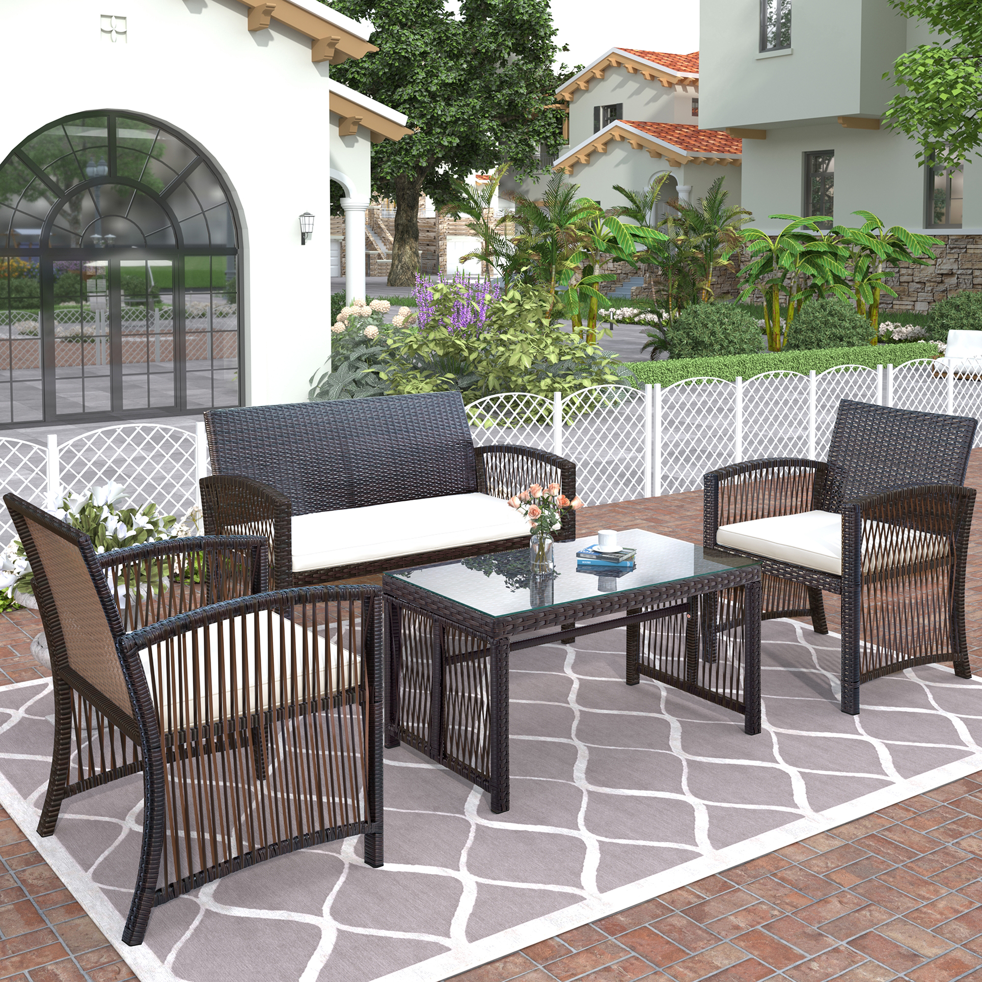 4-Piece Patio Furniture Sets in Patio & Garden, Outdoor Wicker Sofa PE Rattan Chair Garden Conversation Set, Patio Set for Backyard with 2 Single Sofa, 1 Loveseat, Tempered Glass Table, Q16554 - image 3 of 13