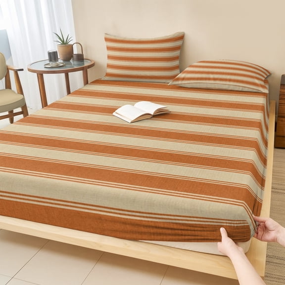 Cal.King Size Fitted Sheet Set - Terracotta Orange Stripes 3 Piece Bedding Sets 16" Deep Pocket Fitted Sheet with 2 Pillowcases, Modern Striped Cream Brushed Microfiber Hotel Luxury Bed Sheets