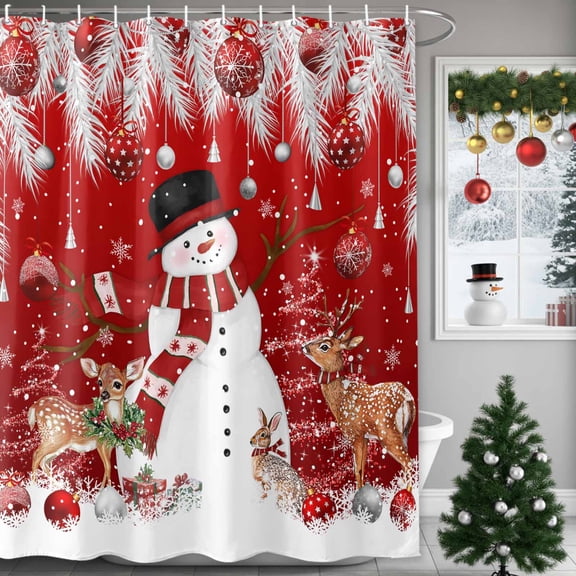 Shower Curtain 36"W x 78"L Christmas Red Snowman Christmas Balls Pine Leaves Fabric Shower Curtains Set with Hooks Water Repellent Bathroom Curtains Machine Washable Bathroom Accessories