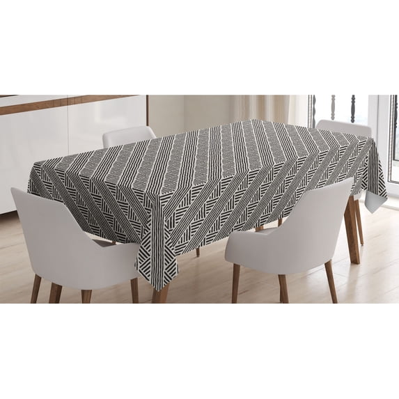 Geometric Tablecloth, Hand Drawn Pattern with Diagonal Lines and Chevron-like Zigzag Design, Rectangle Satin Table Cover Accent for Dining Room and Kitchen, 52" X 70", Ivory and Black, by Ambesonne