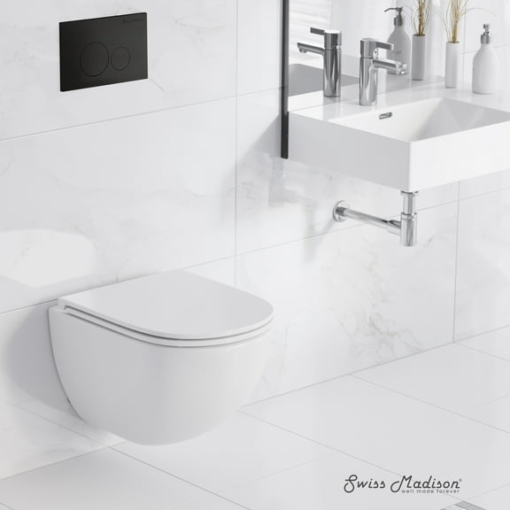 St. Tropez Wall-Hung Toilet Bundle 0.8/1.6 GPF Dual Flush in Glossy White with Black Flush Plate