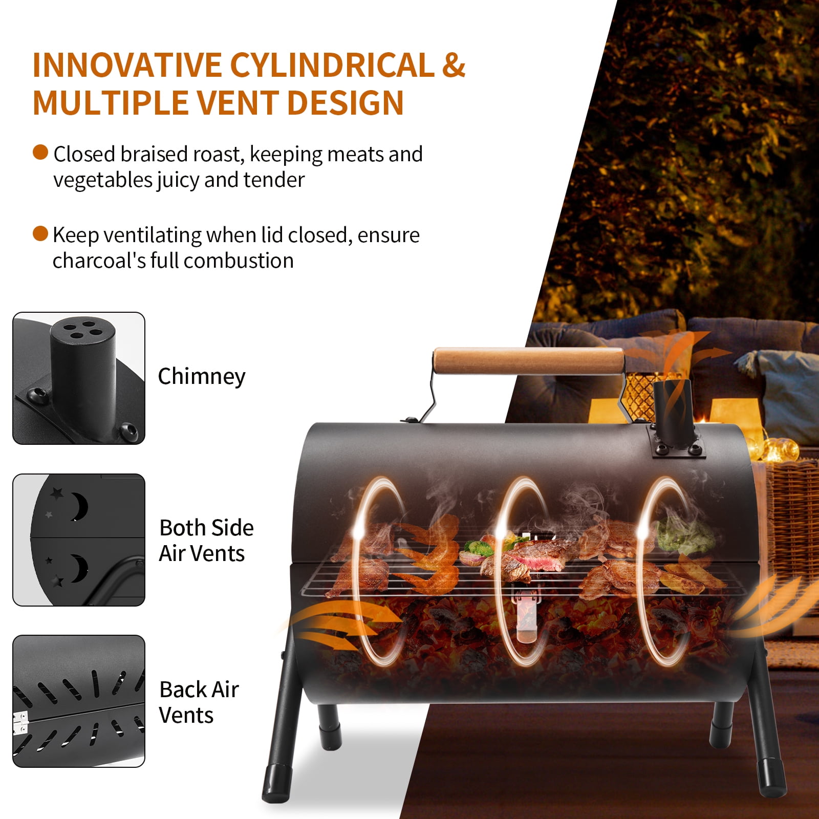 Capri Portable Charcoal Grill with Chimney, Small BBQ Grill Double Sided BBQ Area, Mini Tabletop Charcoal Barbecue Grill for Outdoor Camping Backyard Party BBQ Cooking, Easy to Carry and Assembly